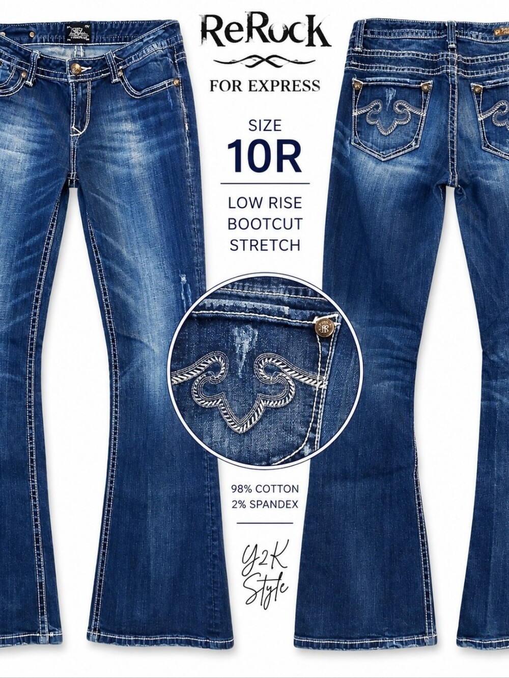 ReRock for Express Jeans Womens 10R Low Rise Bootcut Y2K Stretch Embroidered